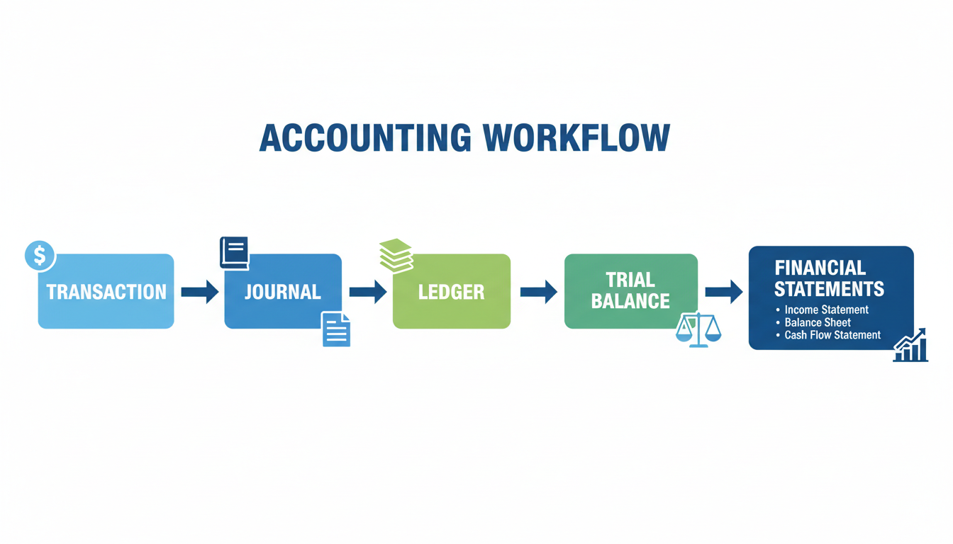 Accounting Flow Diagram — লেনদেন থেকে আর্থিক বিবরণী পর্যন্ত ধাপসমূহ